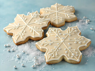 Snowflake Cookies with White Chocolate Drizzle on a Soft Icy Blue Winter Background