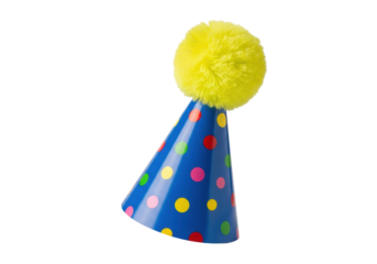 meticulously detailed cobalt blue cone-shaped party hat with vibrant red, yellow, green polka dots and a fuzzy neon yellow pom-pom, isolated on transparent studio backdrop, birthday celebration