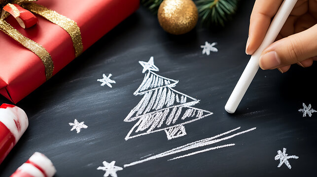 Festive chalkboard art featuring a hand-drawn Christmas tree, presents, and snowflakes, capturing the joyful spirit of the holiday season with a personal, creative touch. - Powered by Adobe