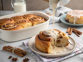 Freshly Baked Cinnamon Roll with Gooey Icing Stretch, Cozy Winter Baking
