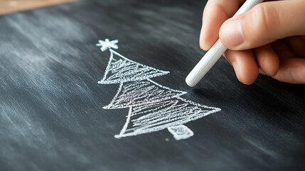 Festive chalkboard art: A hand sketches a charming holiday tree with white chalk on a black surface, evoking winter joy and creative expression. Festive season spirit!