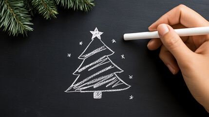 Festive chalkboard art featuring a hand drawing a Christmas tree with chalk, surrounded by greenery, evoking holiday cheer and creative expression.