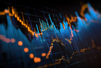 Close-up of a financial stock market graph showing various data trends and fluctuations.