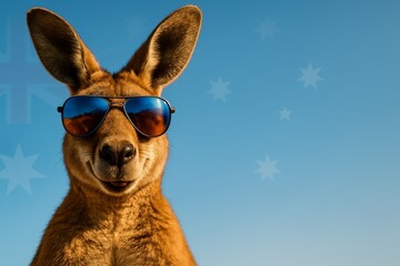Kangaroo wearing sunglasses with blue sky and Australian flag in background, humorous concept of wildlife, culture and national identity, copy space