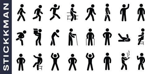 Collection of stick figure icons illustrating various human actions and poses silhouettes person