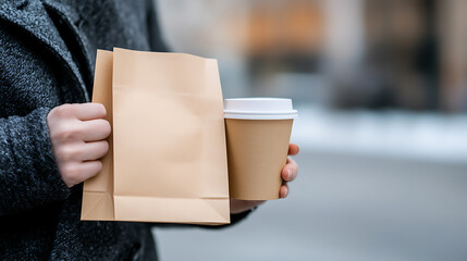 Grab-and-go convenience: A person holding a paper bag & a cup of coffee, blending practicality with the simple pleasure of enjoying a beverage on the move. Simplicity at its finest!