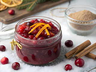 Cranberry-Orange Winter Compote with Zest and Spices in Minimal Glass Jar