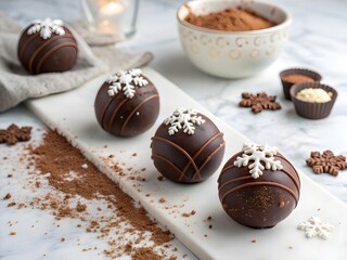Handmade Chocolate Cocoa Bombs with Winter Sprinkles on White Marble