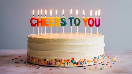 Birthday cake with cheers to you candle topper and sprinkles
