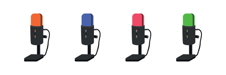 A set of modern microphones for podcasts, game broadcasts, and audio recording on a stand. Isolated vector illustration on a white background.