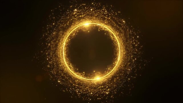 Golden Ring of Light Particles Shimmering and Expanding with Lens Flare Effect on Dark Background