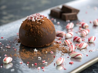 Cocoa-Dusted Truffles with Crushed Candy Cane on a Frosty Reflective Surface