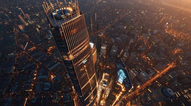 Video drone aerial view of a tall skyscraper in a cityscape at dusk with warm lighting and a suitable urban landscape background.