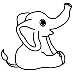 Playful Cartoon Elephant Sitting Upright Black and White Line Drawing