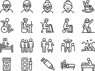 Elderly People Health Care and Mobility Assistance Icons Set senior