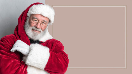 Santa Claus standing on beige background with copy space