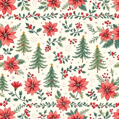 Festive seamless pattern featuring red poinsettias green pine trees and holly berries on cream background on white background