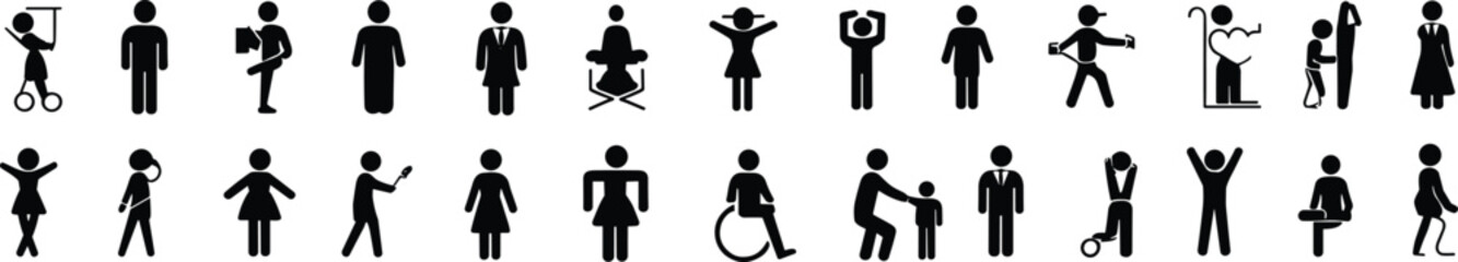 Extensive Array Of Black Stick Figure People Icons Depicting Diverse Human Activities And Roles vector