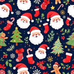 Seamless festive pattern featuring cheerful Santa faces Christmas trees stockings and gingerbread men on dark blue on white background