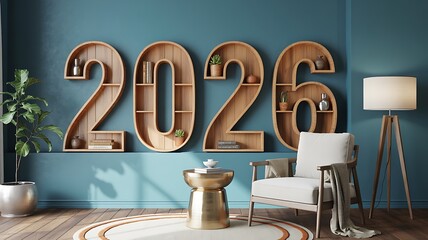 Modern living room interior with wooden 2026 shelves and stylish home decor
