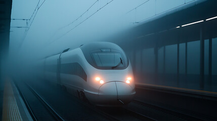 Futuristic train emerges from dense fog at the station. The high speed rail promises efficient transport in misty conditions, a glimpse into modern travel innovation.