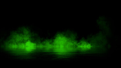 Green abstract smoke steam moves on black background texture . The concept of aromatherapy. Reflections on water. Stock illustration.