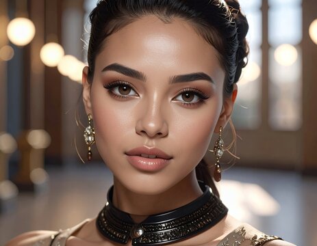 Captivating Portrait of a Young Woman with Striking Eyes and Elegant Jewelry.