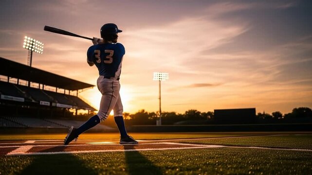 Baseball player with a baseball bat on a baseball field in spectacular style. 4k video