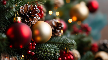 Fototapeta premium Festive Christmas tree adornments, including red and gold ornaments, pinecones, and red berries, create a warm and inviting holiday scene.