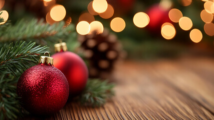 Sparkling red ornaments nestle beside pine needles on a wooden surface, illuminated by a bokeh of warm lights, creating a festive holiday atmosphere. Classic Christmas decor.