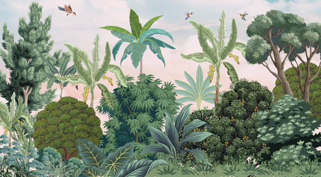 Traditional Mughal Garden Illustration for wall Mural, Mughal Wall Paper, Indian Wedding wallpaper.