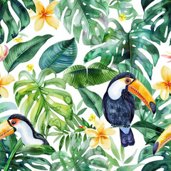 Obraz premium Seamless pattern, toucans perched among rich tropical leaves and bright flowers