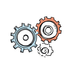 Hand drawn sketch style interconnected gear wheels in blue orange and white colors symbolizing mechanical teamwork and technology concept illustration