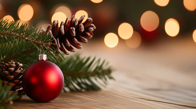 Festive arrangement featuring a red ornament, pinecone, and evergreen sprig on a rustic wooden surface, creating a warm holiday ambiance with soft, bokeh lights. - Powered by Adobe