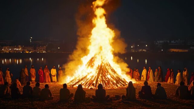Large bonfire during Lohri festival with people in colorful traditional Indian attire gathered around, celebrating harvest, culture, and joy.