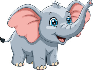 Adorable cartoon baby elephant with big ears and blue eyes on white background cute animal