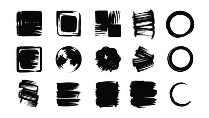 Set of 15 black handdrawn brush strokes, shapes, and abstract elements like squares, circles, and smudges