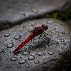 Vibrant Red Dragonfly Resting on Rain-Kissed Rocks