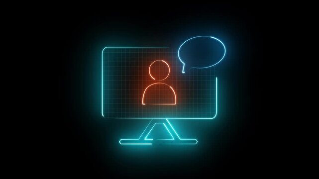 Neon icon representing online communication, virtual customer support, and remote video meeting on a monitor screen.