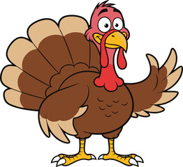 Cartoon Turkey Character Waving with Feathers Displayed Keywords: turkey, cartoon, character, bird, fowl, poultry, thanksgiving