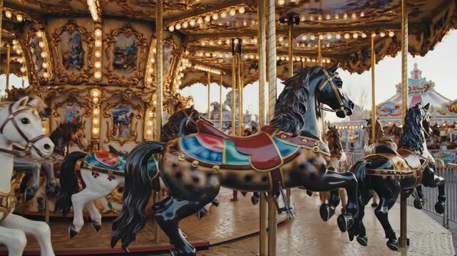 Carousel horse ride at amusement park. Traditional attraction for family entertainment and funfair concept. Nostalgic carrousel.