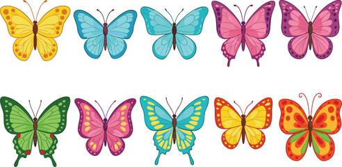 Collection Of Ten Colorful Cartoon Butterflies With White Background butterfly insect © Creatives Mind