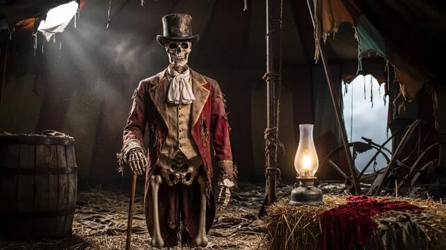 A haunting skeleton ringmaster stands in a dimly lit, decaying circus tent, wearing a top hat and formal wear