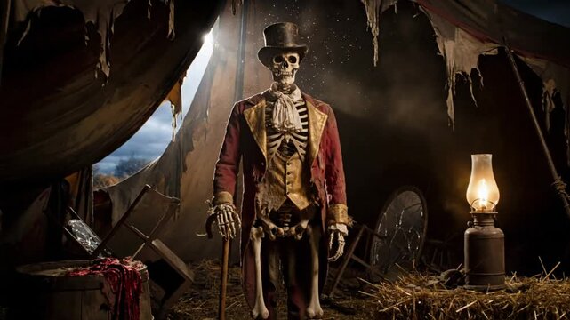 Spooky skeleton ringmaster wearing tattered red tailcoat inside decaying circus tent, lantern glowing