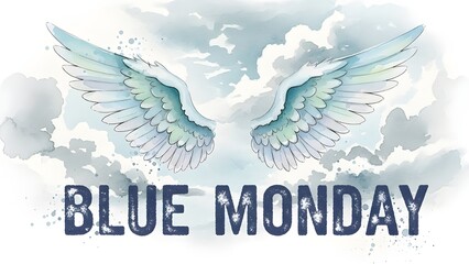 Watercolor wings illustration above distressed 'blue monday' text with subtle sky background, symbolizing sadness and mental health.