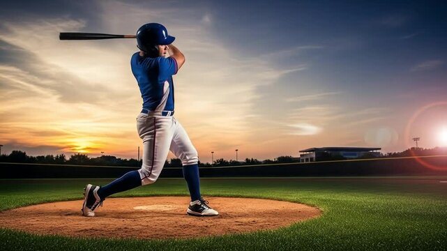 Baseball player with a baseball bat on a baseball field in spectacular style. 4k video