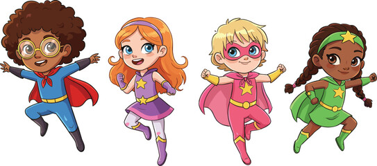 Diverse Group Of Four Children Dressed As Superheroes With Capes And Masks Keywords: children, kids, superheroes, superhero