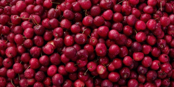 A rich layer of small red fruits covers the surface, showcasing their plumpness and shiny skins. This scene glows warmly, celebrating nature's harvest in all its glory