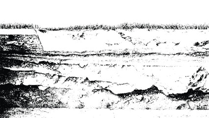 black and white land cross-section grunge texture, grass on top of layered rock, distressed earth strata overlay