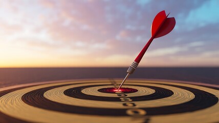 Red dart hitting bullseye target at sunset with perfect accuracy
